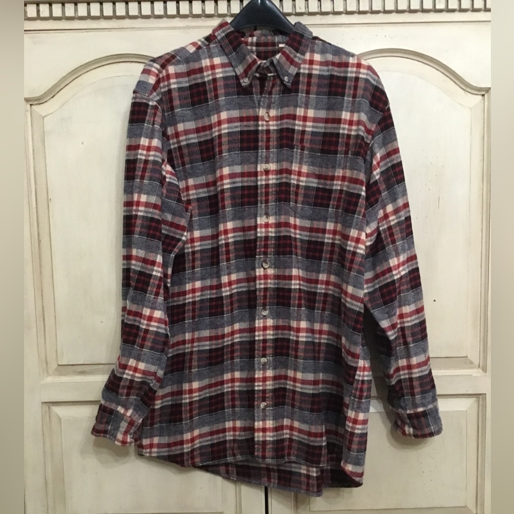 Redhead Men’s  XLT Button Up Shirt Tan Red Navy Plaid Ozark Mountain Flannel